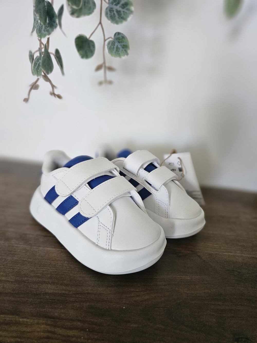 Kids White and Blue Velcro Sneakers - Grand Court Style